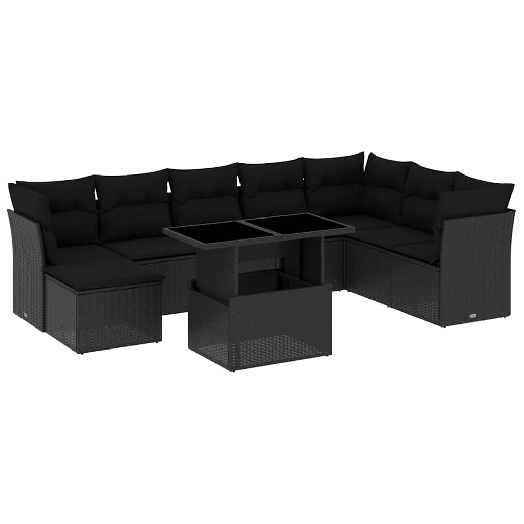 Garden furniture set with cushions, 9 pieces, black, polyrattan