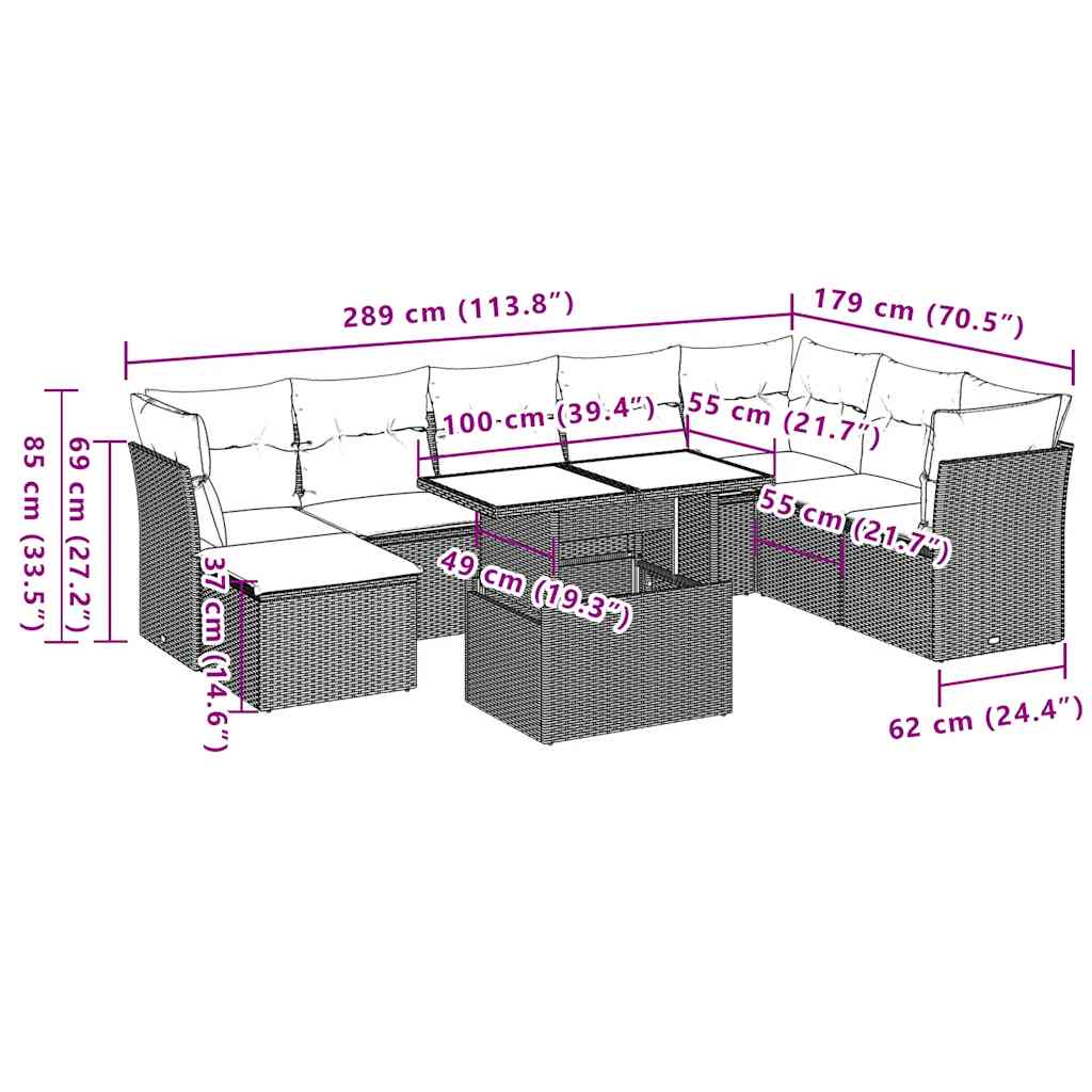 Set mobilier de grădină cu perne, 9 piese, negru, poliratan