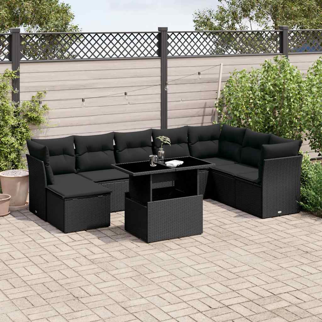 Garden furniture set with cushions, 9 pieces, black, polyrattan