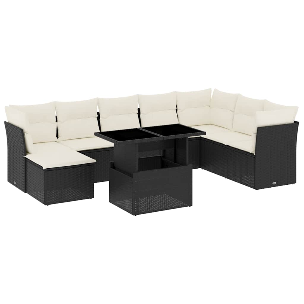 Set mobilier de grădină cu perne, 9 piese, negru, poliratan