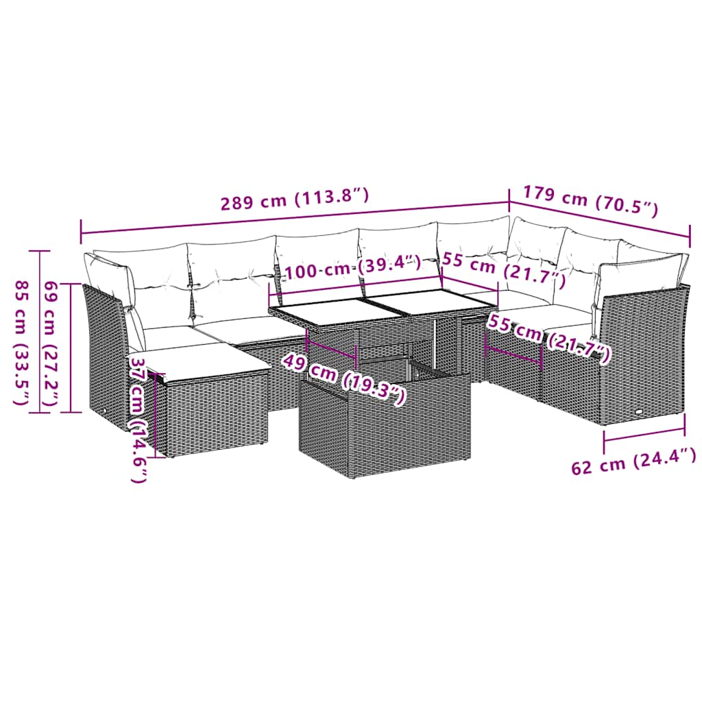 Set mobilier de grădină cu perne, 9 piese, negru, poliratan