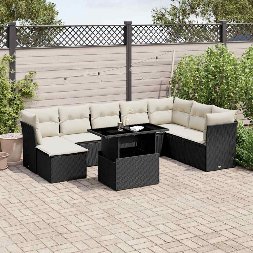 Garden furniture set with cushions, 9 pieces, black, polyrattan