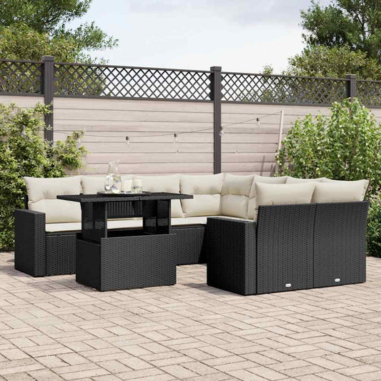 Garden furniture set with cushions, 9 pieces, black, polyrattan