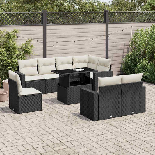 Garden furniture set with cushions, 9 pieces, black, polyrattan