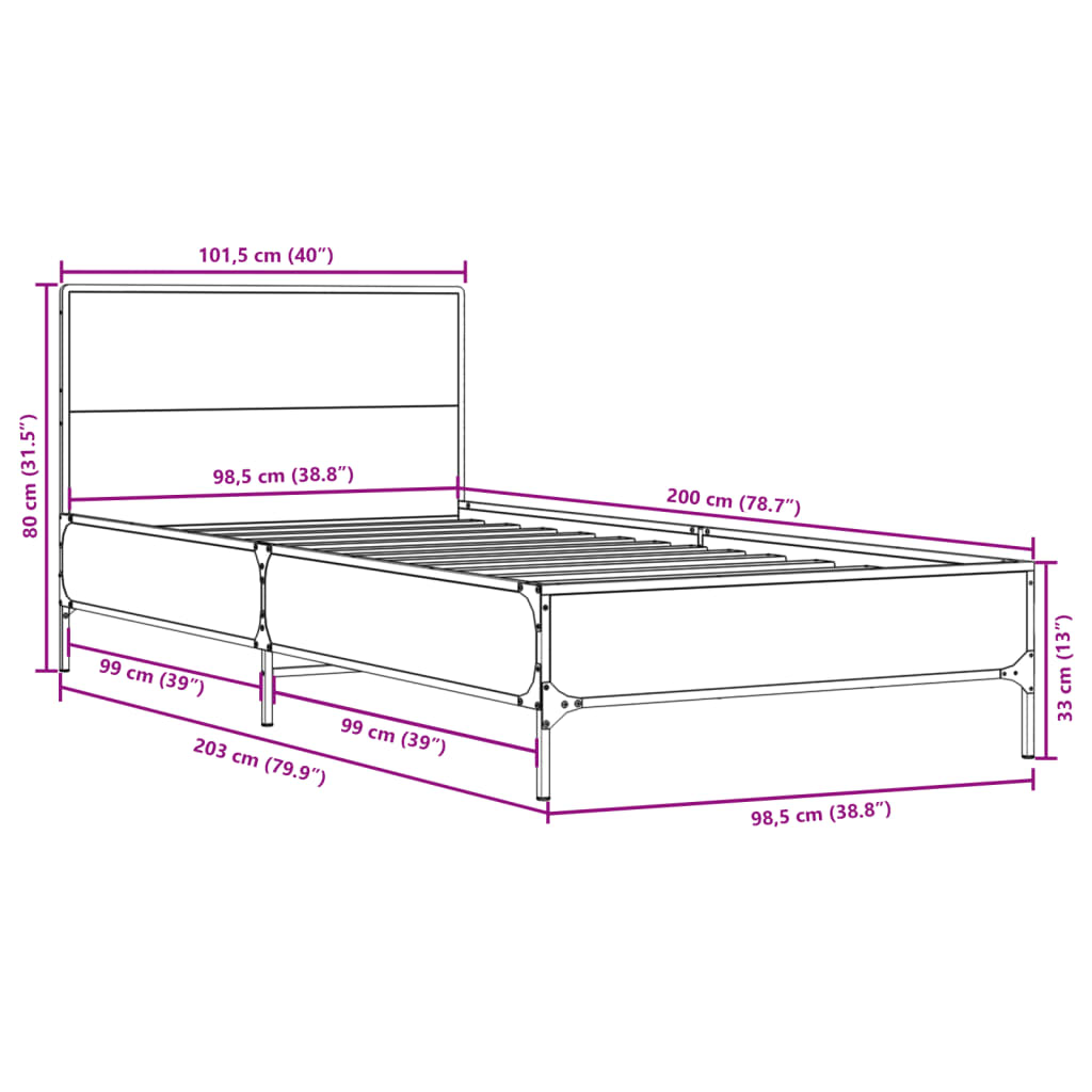 Cadru de pat, stejar fumuriu 100x200 cm lemn prelucrat și metal