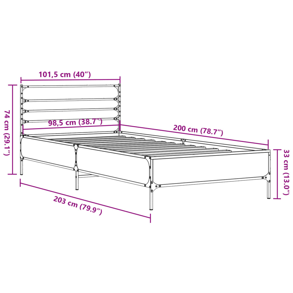 Cadru de pat, stejar fumuriu 100x200 cm lemn prelucrat și metal