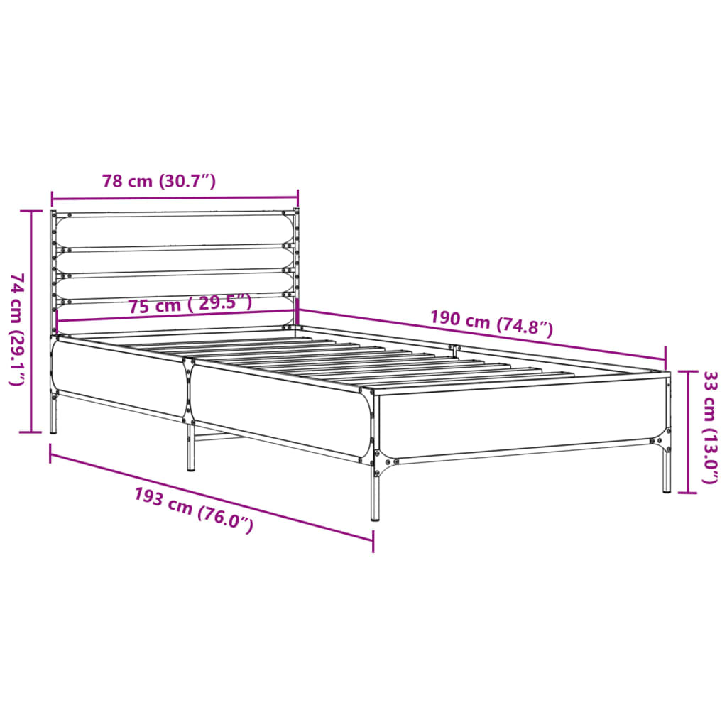 Cadru de pat, stejar maro, 75x190 cm, lemn prelucrat și metal