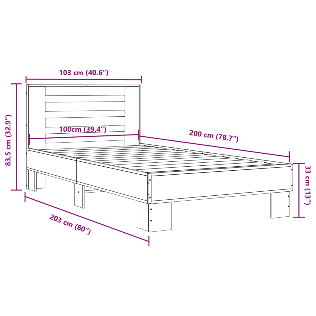 Cadru de pat, stejar fumuriu 100x200 cm lemn prelucrat și metal