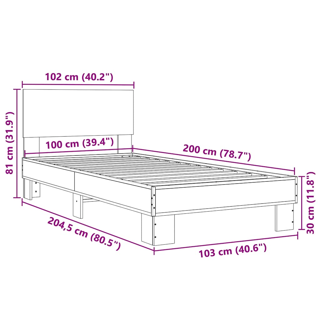 Cadru de pat, stejar fumuriu 100x200 cm lemn prelucrat și metal