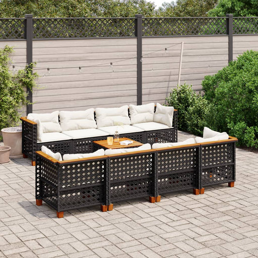 Garden furniture set with cushions, 9 pieces, black, polyrattan