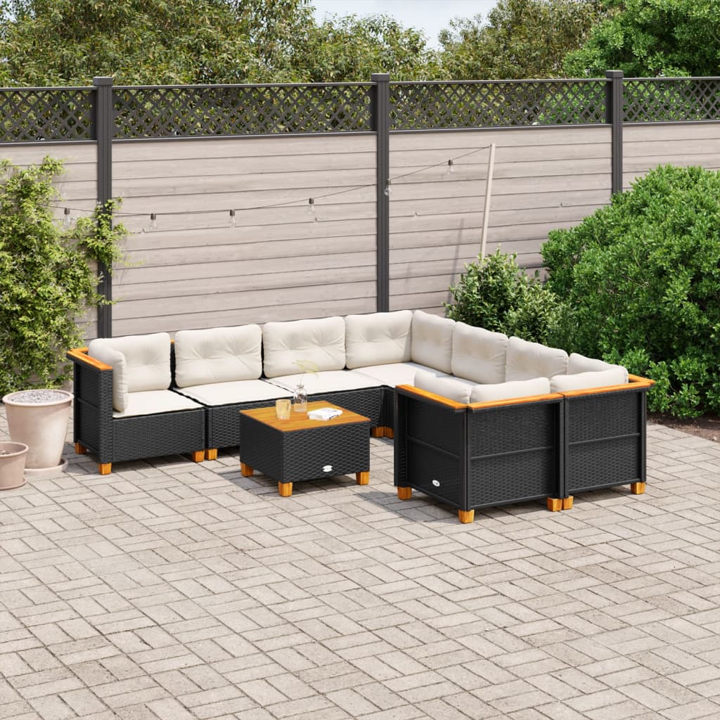 Garden furniture set with cushions, 9 pieces, black, polyrattan