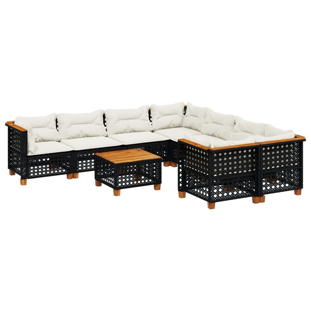 Garden furniture set with cushions, 9 pieces, black, polyrattan