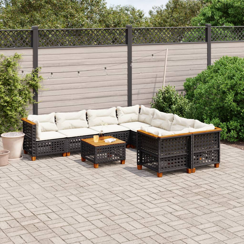 Garden furniture set with cushions, 9 pieces, black, polyrattan