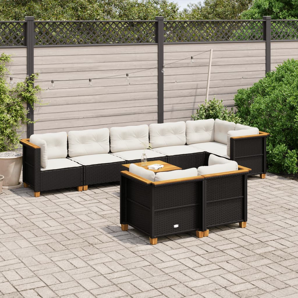 Garden furniture set with cushions, 9 pieces, black, polyrattan