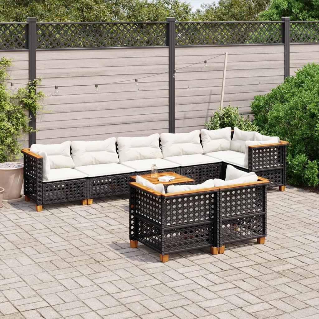 Set mobilier de grădină cu perne, 9 piese, negru, poliratan