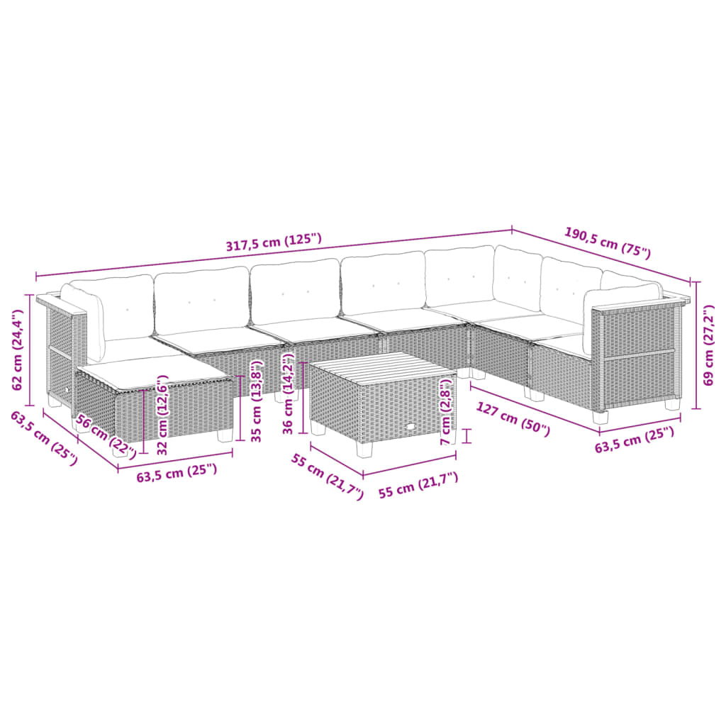 Garden furniture set with cushions, 9 pieces, black, polyrattan