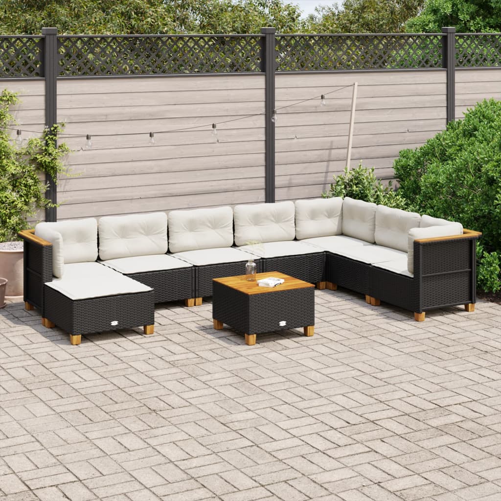 Garden furniture set with cushions, 9 pieces, black, polyrattan