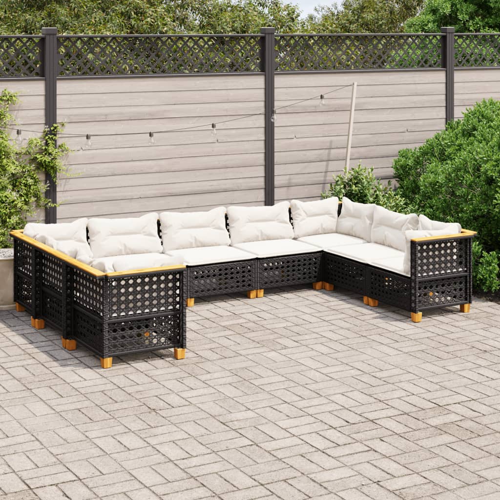 Garden furniture set with cushions, 9 pieces, black, polyrattan