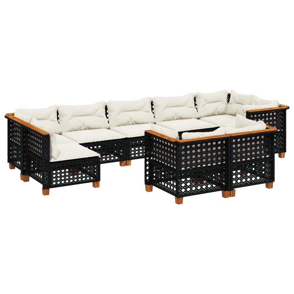 Garden furniture set with cushions, 9 pieces, black, polyrattan