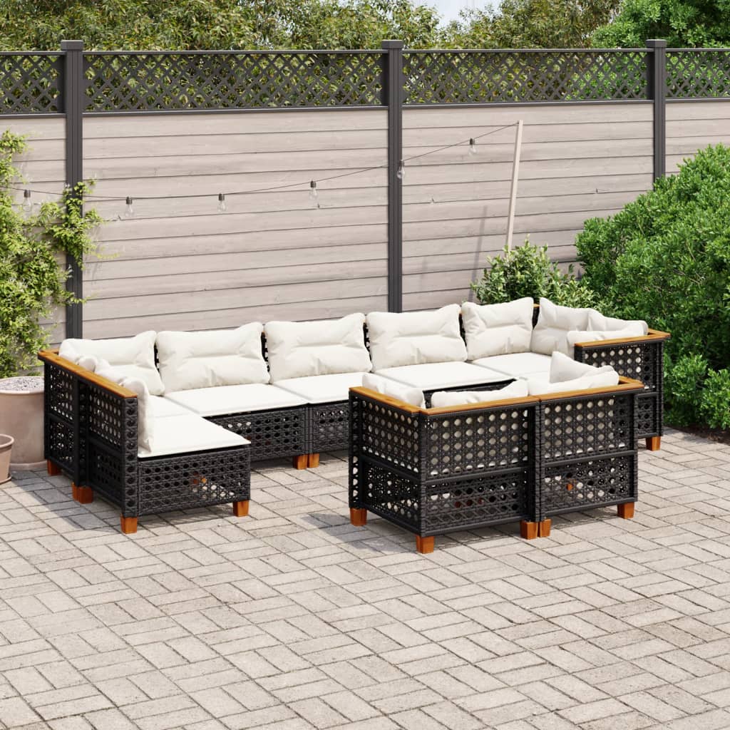 Garden furniture set with cushions, 9 pieces, black, polyrattan