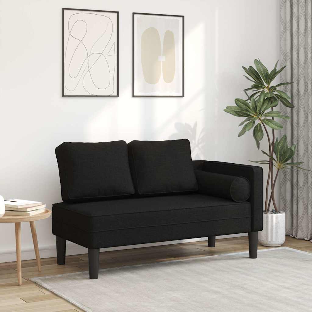 Chaise longue with cushions, black, textile