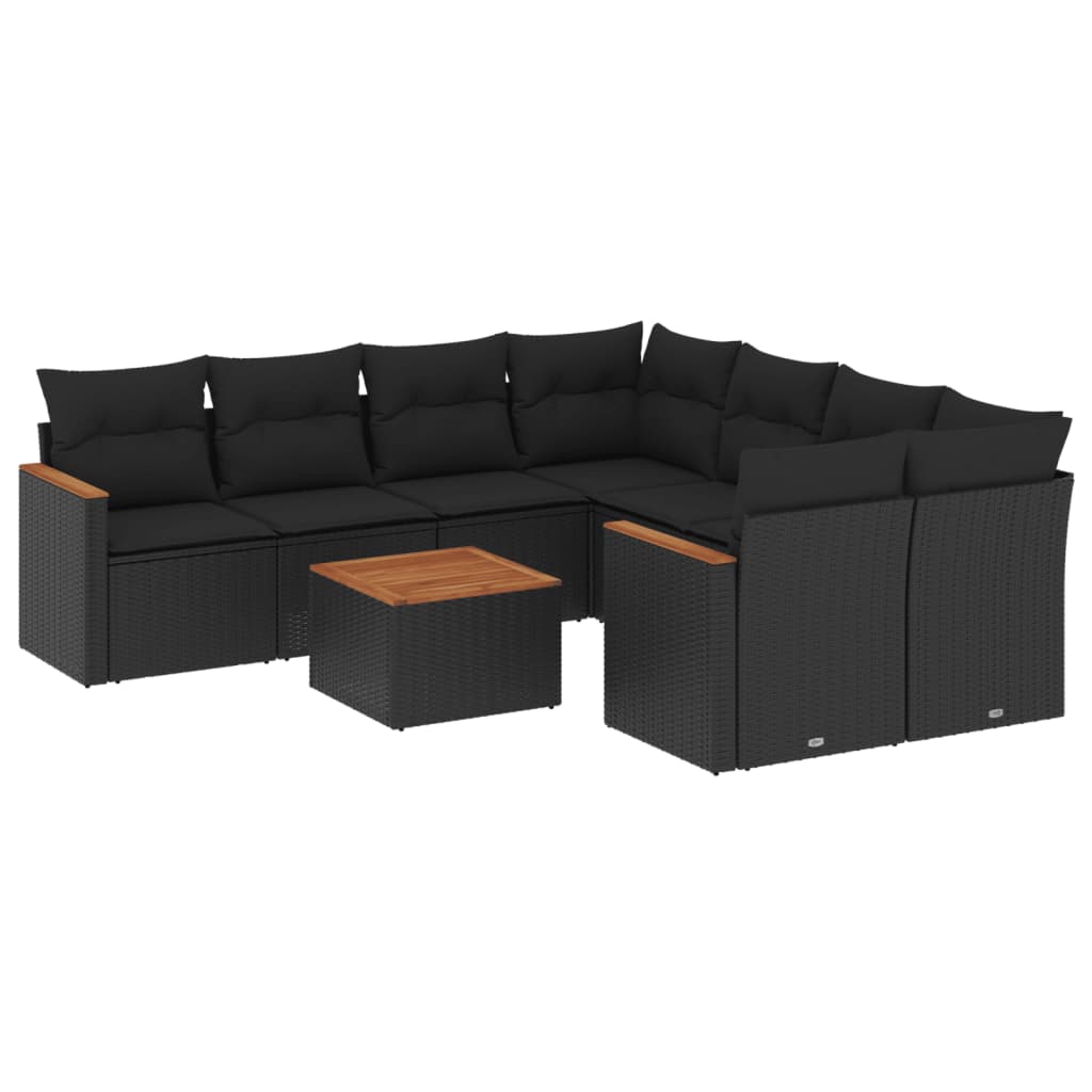 Garden furniture set with cushions, 9 pieces, black, polyrattan