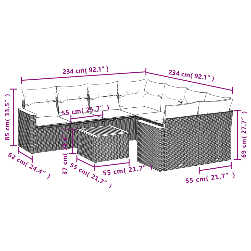 Set mobilier de grădină cu perne, 9 piese, negru, poliratan