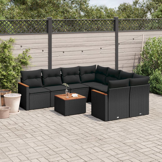 Garden furniture set with cushions, 9 pieces, black, polyrattan