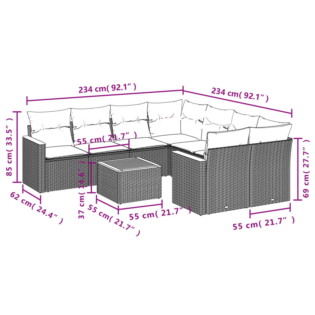 Set mobilier de grădină cu perne, 9 piese, negru, poliratan