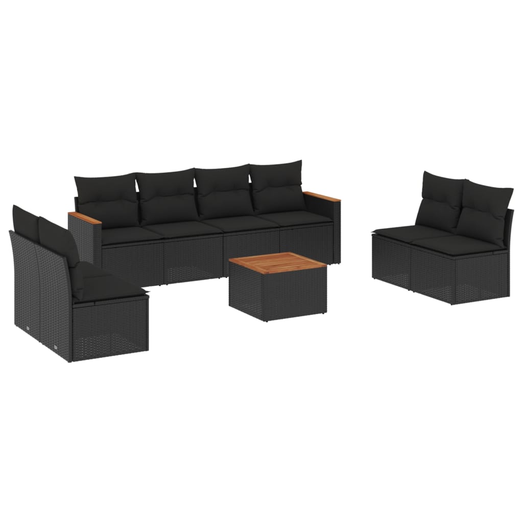 Garden furniture set with cushions, 9 pieces, black, polyrattan