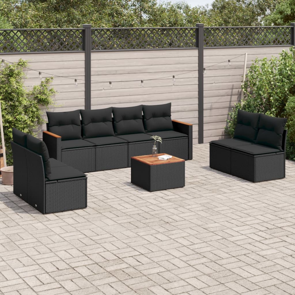 Garden furniture set with cushions, 9 pieces, black, polyrattan