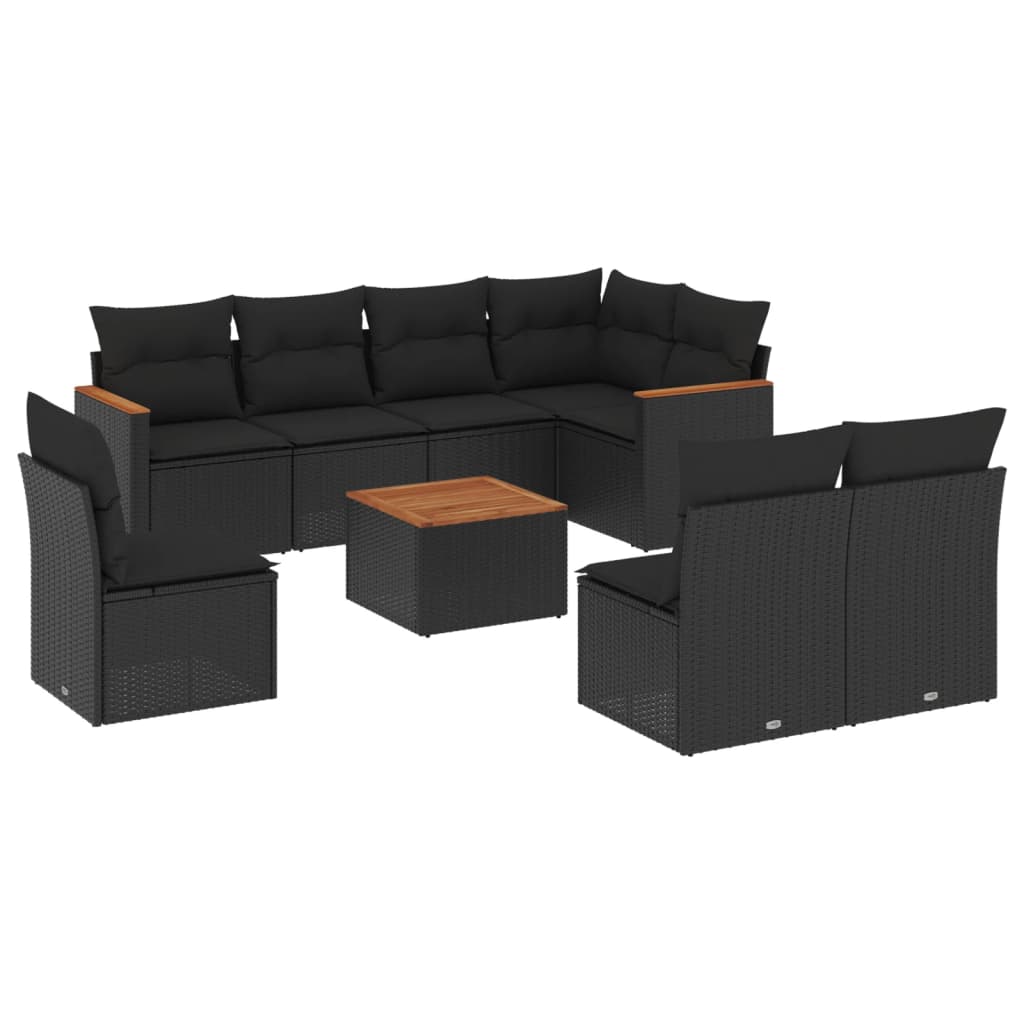 Garden furniture set with cushions, 9 pieces, black, polyrattan