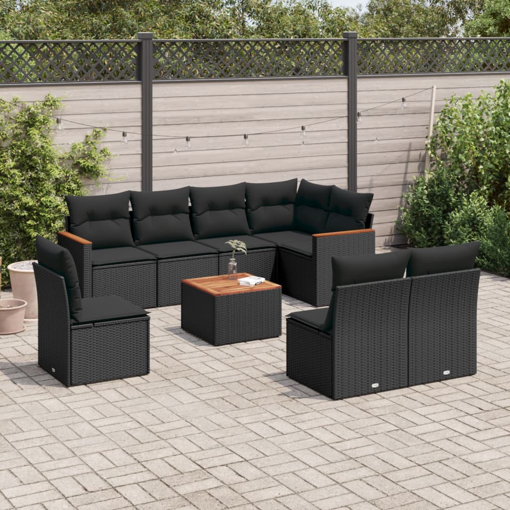 Garden furniture set with cushions, 9 pieces, black, polyrattan