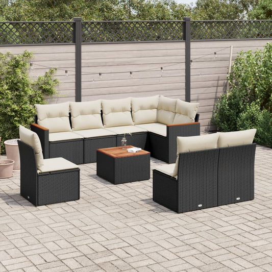 Garden furniture set with cushions, 9 pieces, black, polyrattan