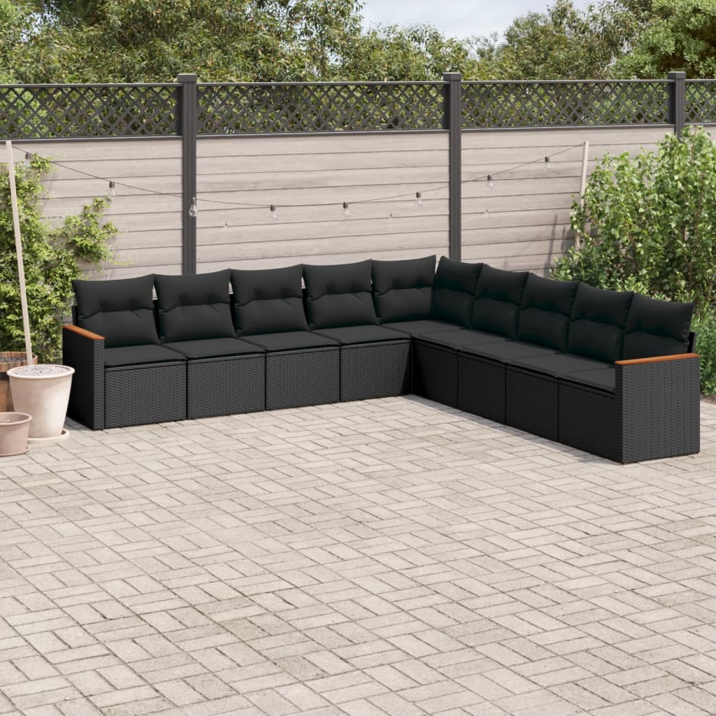 Garden furniture set with cushions, 9 pieces, black, polyrattan