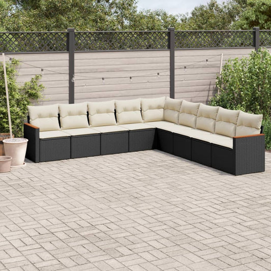 Garden furniture set with cushions, 9 pieces, black, polyrattan