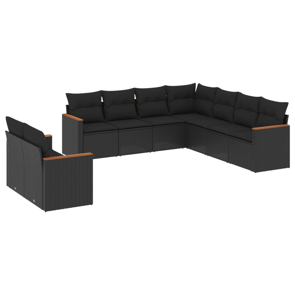 Garden furniture set with cushions, 9 pieces, black, polyrattan