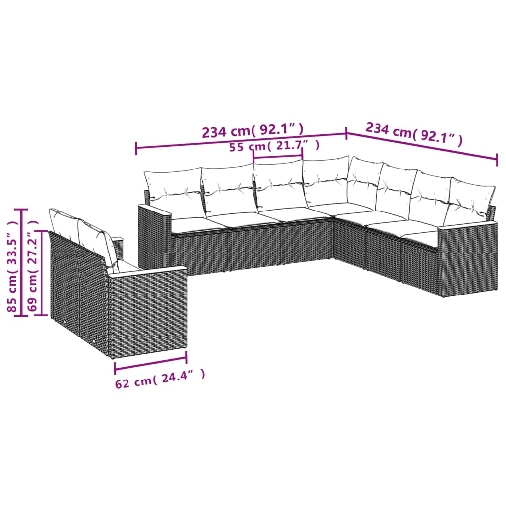 Set mobilier de grădină cu perne, 9 piese, negru, poliratan