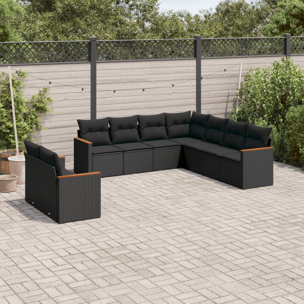 Garden furniture set with cushions, 9 pieces, black, polyrattan