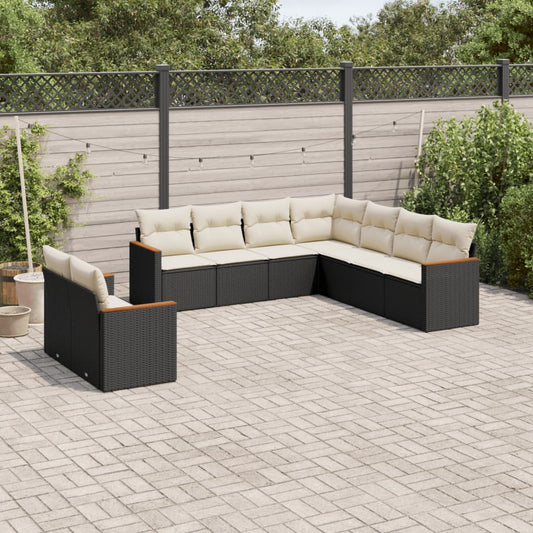 Garden furniture set with cushions, 9 pieces, black, polyrattan