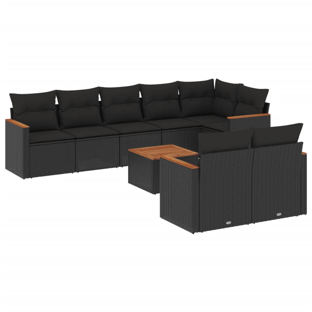 Garden furniture set with cushions, 9 pieces, black, polyrattan