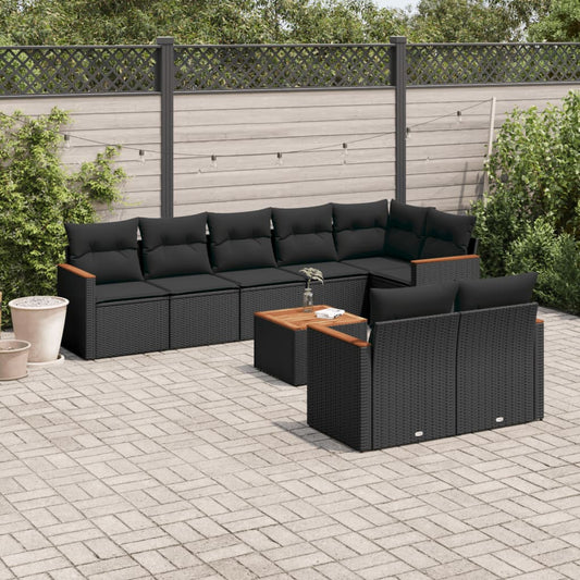 Garden furniture set with cushions, 9 pieces, black, polyrattan