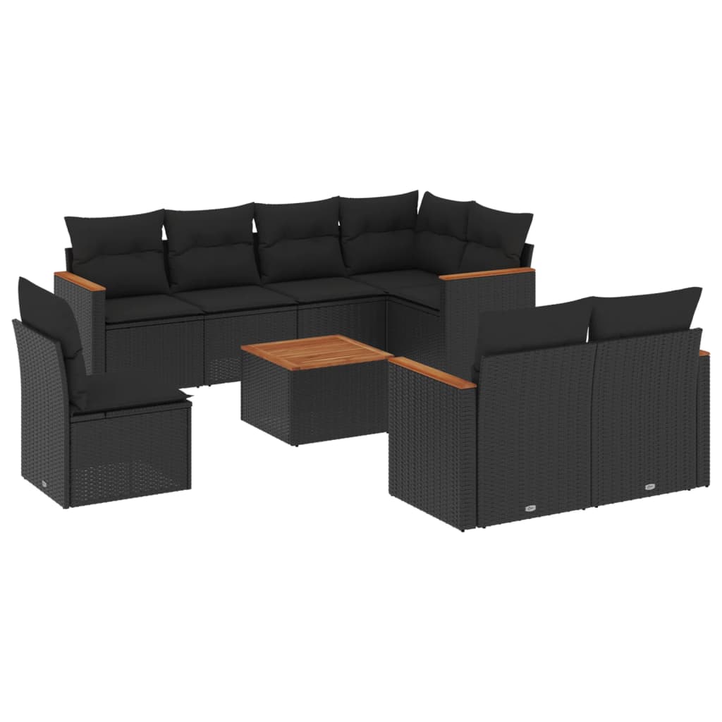 Set mobilier de grădină cu perne, 9 piese, negru, poliratan