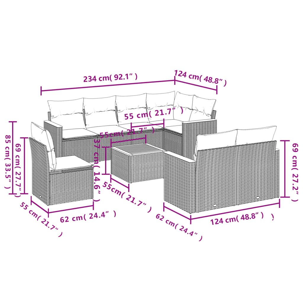 Garden furniture set with cushions, 9 pieces, black, polyrattan