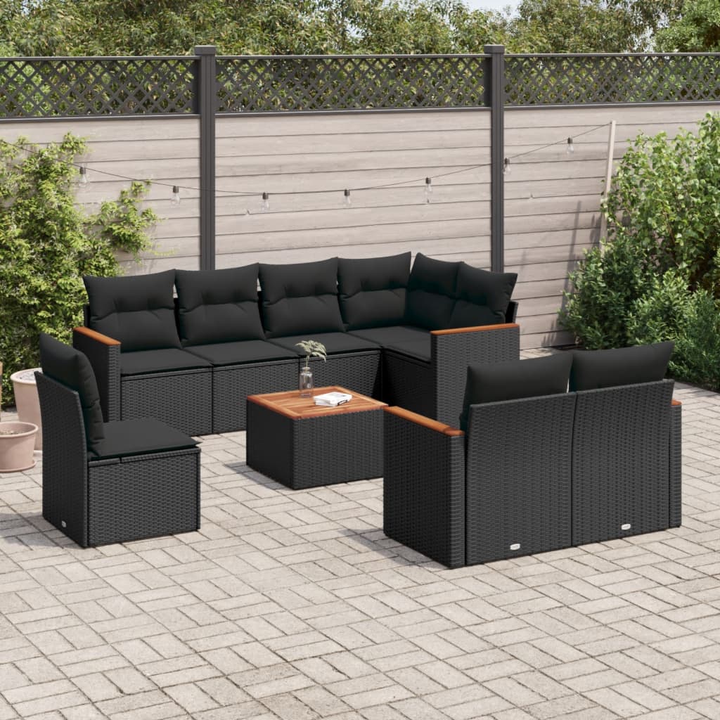 Garden furniture set with cushions, 9 pieces, black, polyrattan