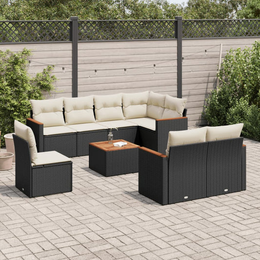 Garden furniture set with cushions, 9 pieces, black, polyrattan