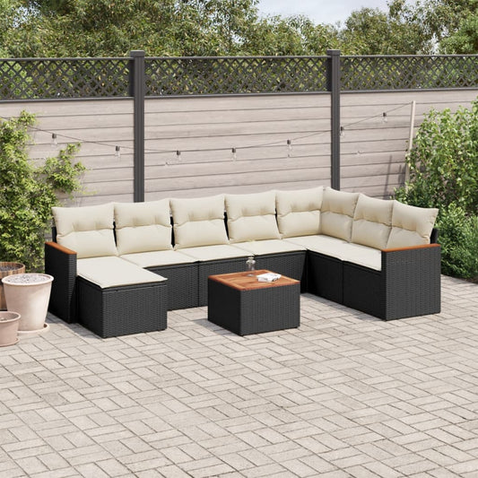 Garden furniture set with cushions, 9 pieces, black, polyrattan