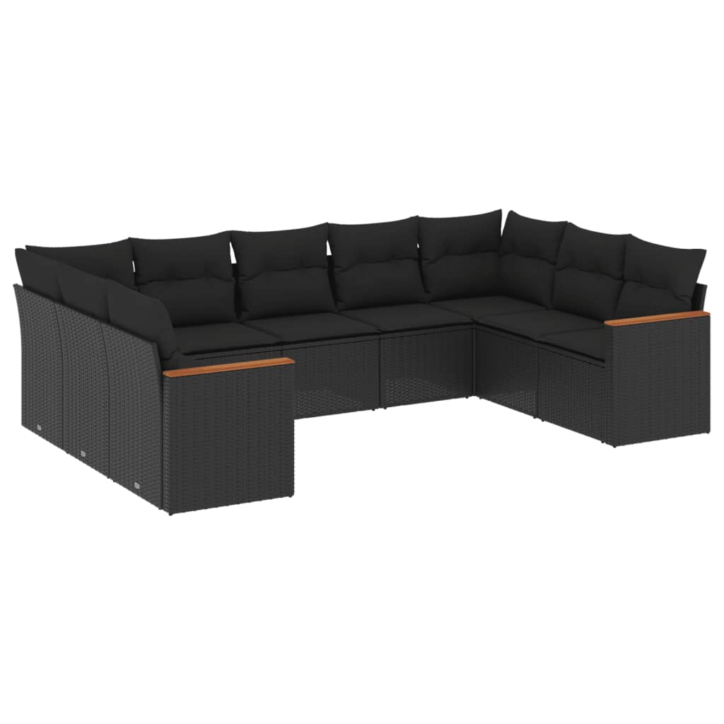 Set mobilier de grădină cu perne, 9 piese, negru, poliratan