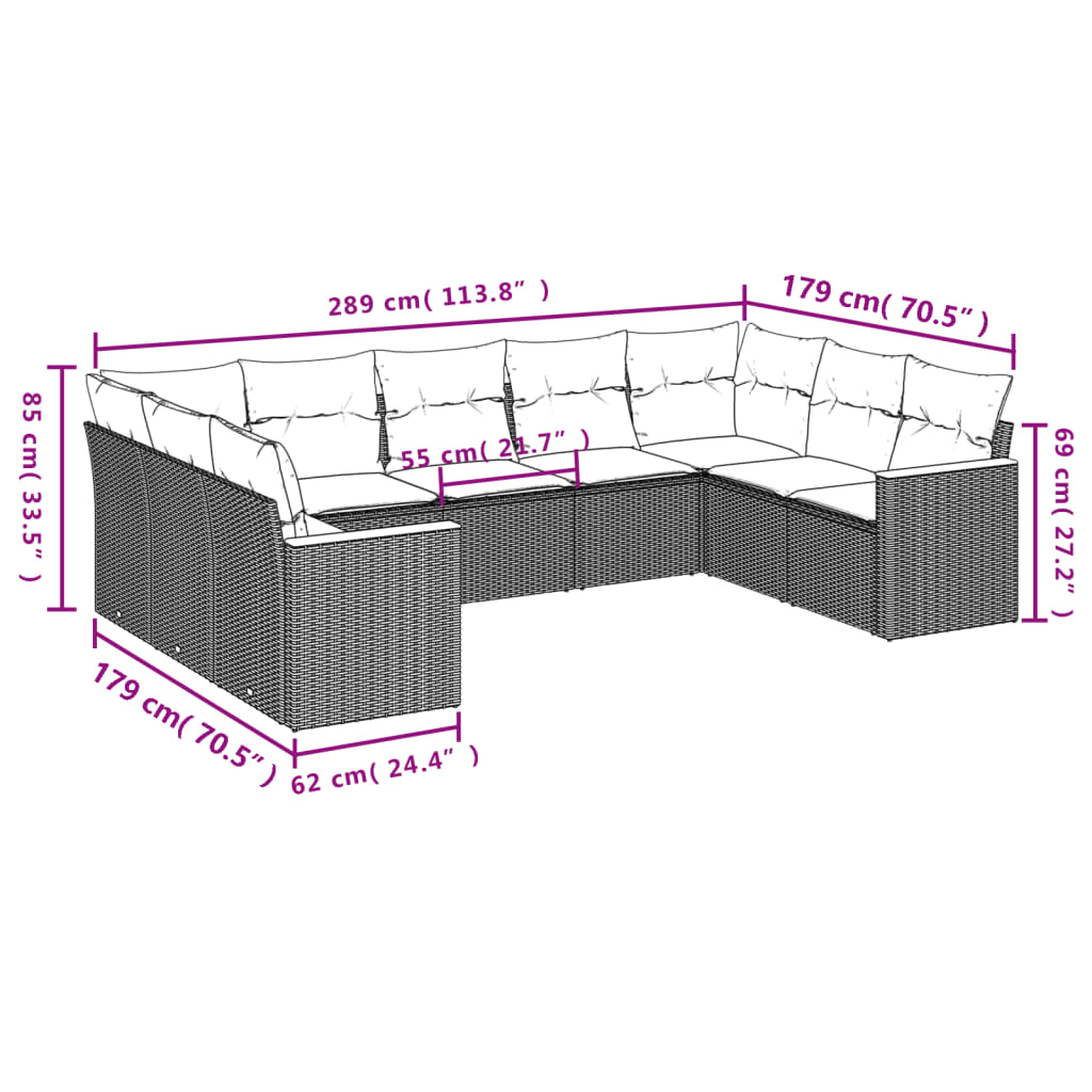 Set mobilier de grădină cu perne, 9 piese, negru, poliratan