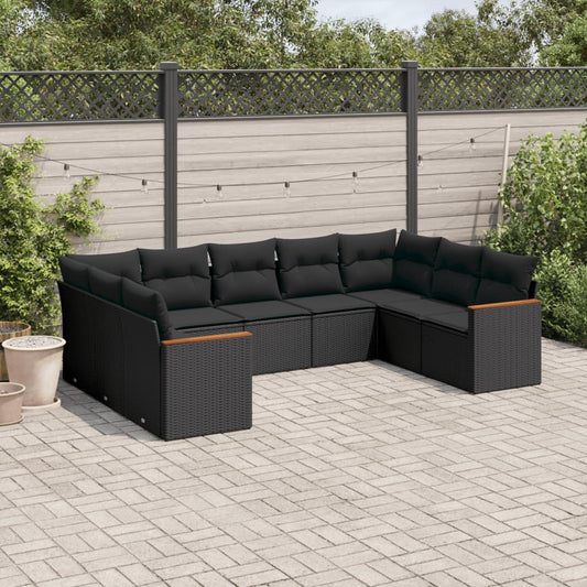 Garden furniture set with cushions, 9 pieces, black, polyrattan